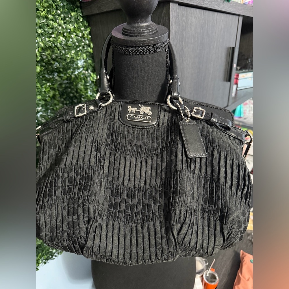 Coach Black Textured Handbag with Silver Details